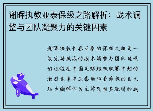 谢晖执教亚泰保级之路解析：战术调整与团队凝聚力的关键因素
